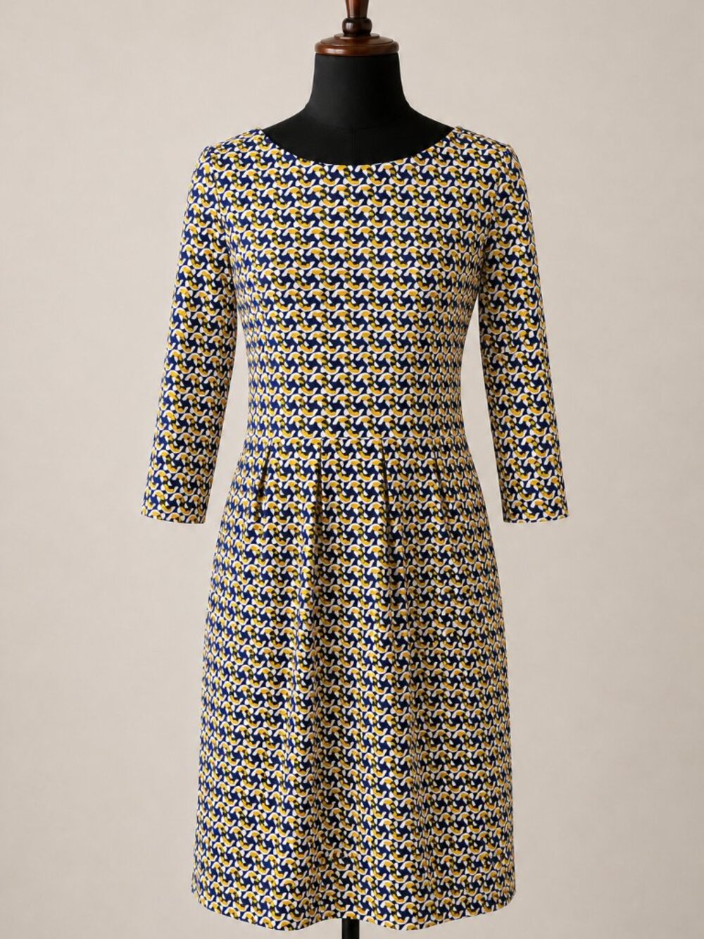 Boden Penny Jersey Dress 4R Navy Saffron Dove Geo Bird Print Pockets 3/4 Sleeve
